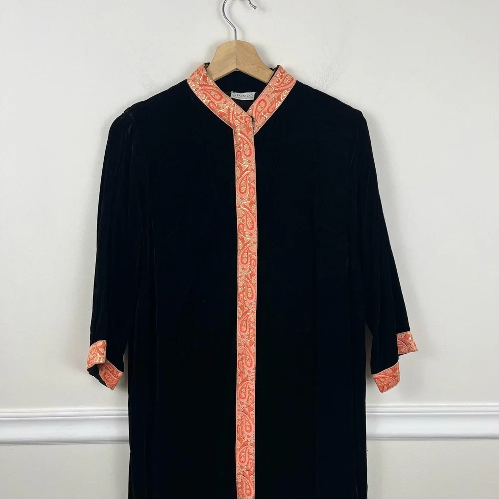 Vtg 60s G. Fox & CO‎ Lounge Wear Caftan Robe Black Orange Gold Velour Zip Sz S/M